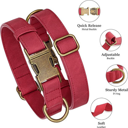 Didog Soft PU Leather Dog Collar, Stylish Quick Released Dog Collars for Medium Dogs, Easy Clean Adjustable Pet Collar for Daily Walking, Red, M Fit 14-18" Neck
