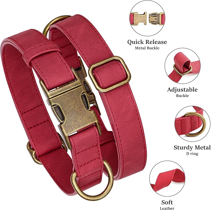 Didog Soft PU Leather Dog Collar, Stylish Quick Released Dog Collars for Large Dogs, Easy Clean Adjustable Pet Collar for Daily Walking, Red, XL Fit 20-26" Neck