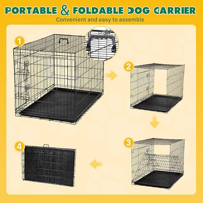 DUMOS Dog Crate, 36 Inch Medium Double Door Dog Cage with Plastic Leak-Proof Pan Tray, Folding Metal Wire Pet Kennel for Indoor, Outdoor, Travel, Black