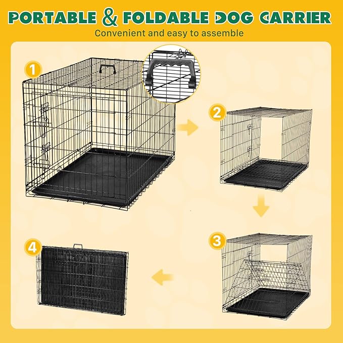 DUMOS Dog Crate, 42 Inch Large Double Door Dog Cage with Plastic Leak-Proof Pan Tray, Folding Medium Size Metal Wire Pet Kennel for Indoor, Outdoor, Travel