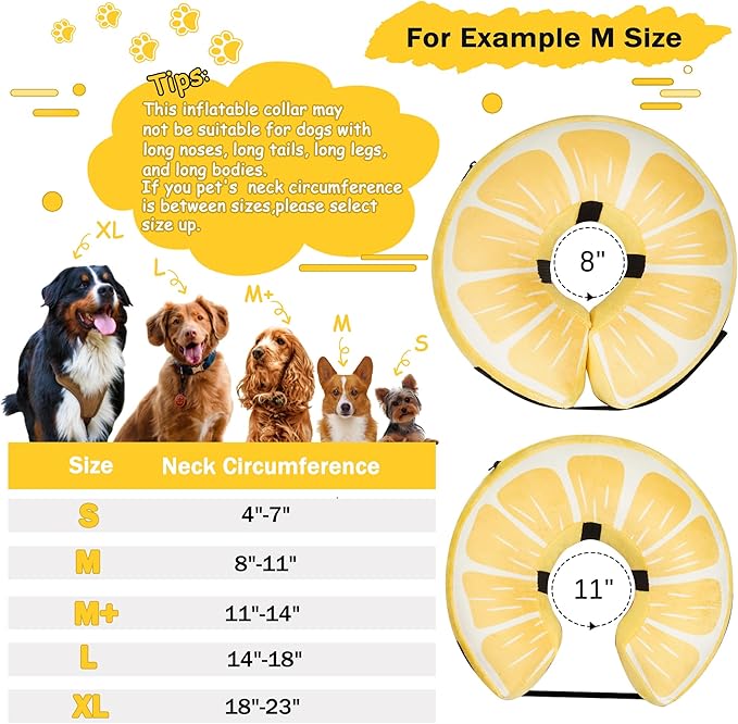 Inflatable Dog Cone Collar for Large Medium Small Dogs, Soft Adjustable Recovery Cone for Dogs Cats,Dog Neck Donut Alternative After Surgery(Lemon,Medium+