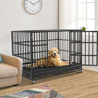 BOLDBONE 48 inch Heavy Duty Indestructible and Escape-Proof Dog Crate Cage Kennel for Large Dogs, High Anxiety Dog Crate with Removable Wire Trays and Wheels, Extra Large XL XXL, Black