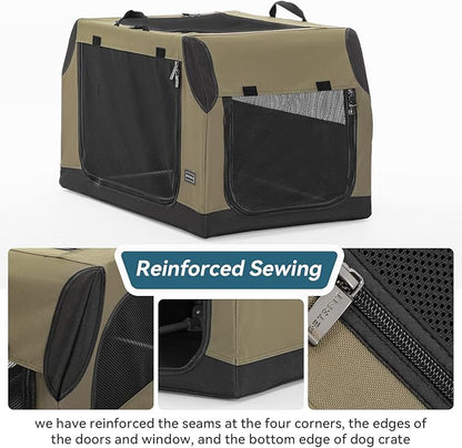 PETSFIT Collapsible Dog Crate, Soft Sided Dog Crate - 36 Inch Sturdy Adjustable Structure, Easy to Set Up, Soft Sided Dog Kennel for Car, Light Tough with 3 Mesh Doors, Army Green