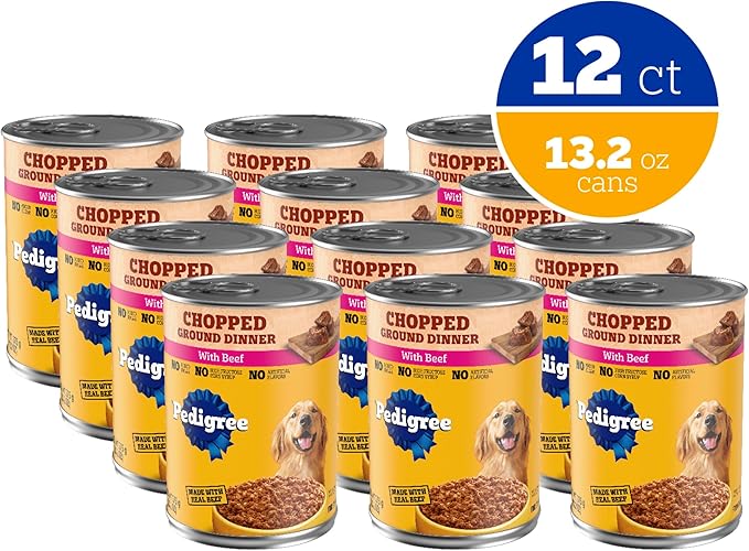Pedigree Chopped Ground Dinner Adult Soft Wet Dog Food with Beef, Canned Dog Food, 13.2 oz. Cans, 12 Count