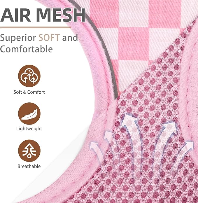 PUPTECK Soft Mesh Dog Harness and Leash Set Pet Puppy Cat Comfort Padded Vest No Pull Harnesses, Checkered Pink&White, S