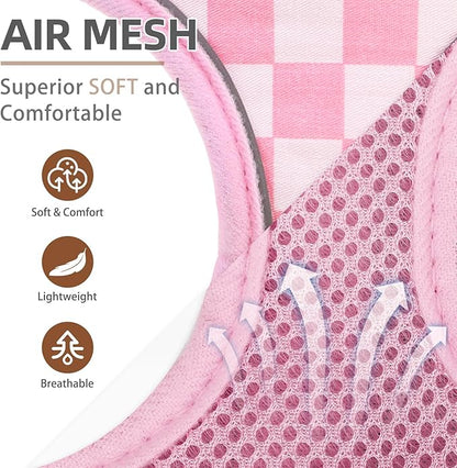 PUPTECK Soft Mesh Dog Harness and Leash Set Pet Puppy Cat Comfort Padded Vest No Pull Harnesses, Checkered Pink&White, S