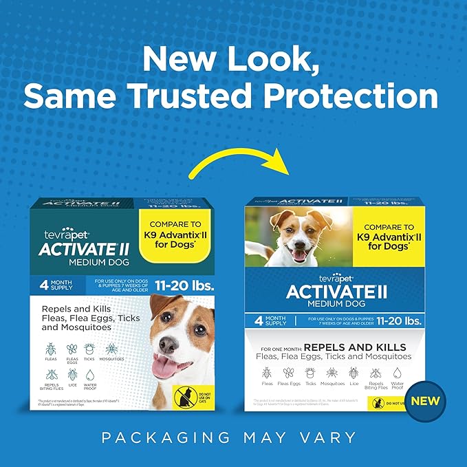 TevraPet Activate II Flea and Tick Prevention for Dogs | 4 Count | Medium Dogs 11-20 lbs | Topical Drops | 4 Months Flea Treatment (Pack of 2)