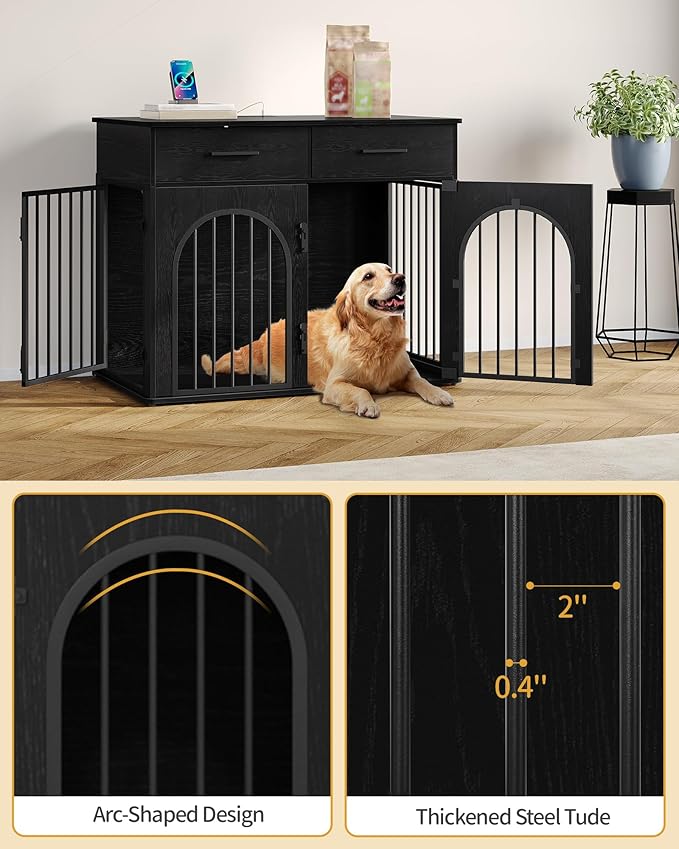 Hzuaneri 39.4'' Large Dog Crate Furniture with 2 Storage Drawers, Heavy Duty Dog Kennel Indoor with Charging Station, Wooden Dog Cage End Table Kennel for Medium/Large Dogs, Black DFC84204B