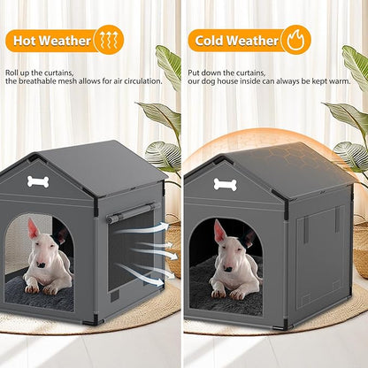Large Dog House Indoor with Plush Cushion, Dog Kennel for Inside with Sturdy Frame, Waterproof Pet House Suitable for Small Medium Dogs, 27x21x27in, Gray