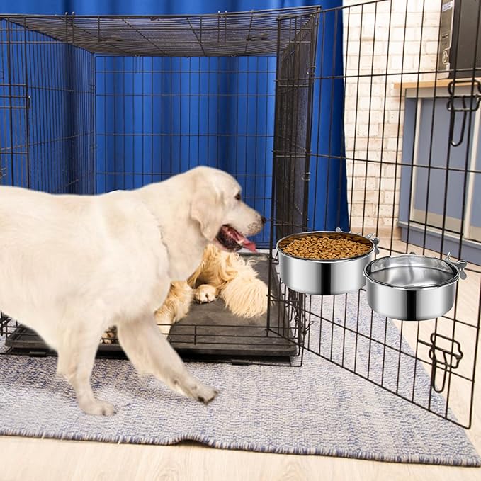 2 Pcs Medium Dog Food Water Bowl for Cage with Upgraded Clamp Holder, Pet Kennel Hanging Bowls Stainless Steel Non-Spill Detectable Bowls Crate Feeder for Medium Dogs (6.3x2.3'' & 5.5x2'')