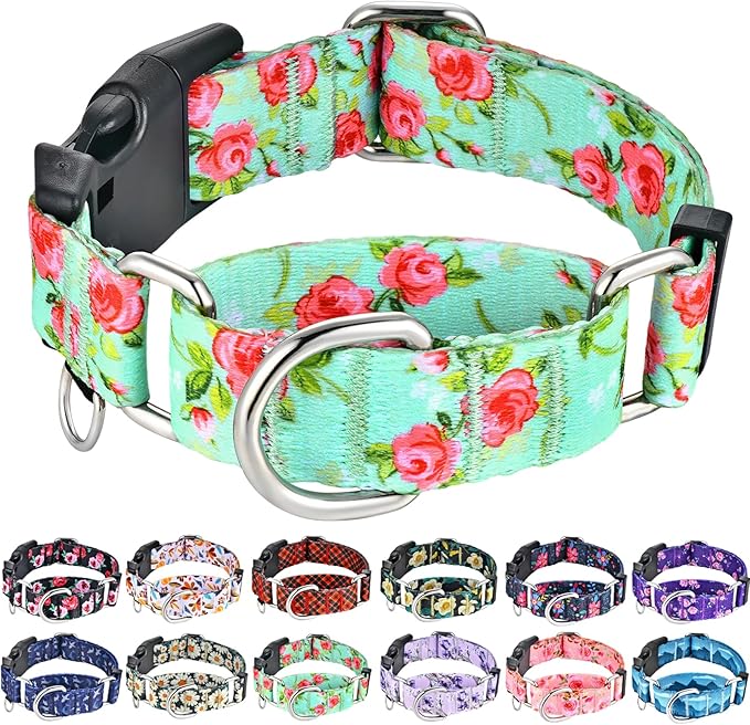 Martingale Collar for Dogs with Buckle Green Floral No Pull Cute Girl Female Dog Collars for Medium Dogs, Green Rose