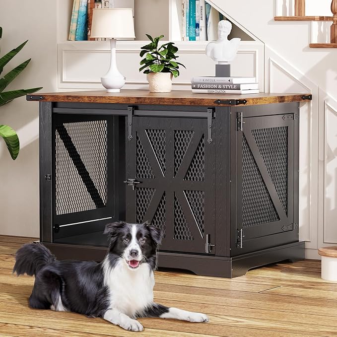 VOPEAK 40" Farmhouse Dog Crate Furniture, Heavy Duty Dog Cage for Medium Large Dogs, Wood Dog Crate Dog Kennel Indoor with Double Doors, Chew Resistant End Table for Bedroom Living Room, Black