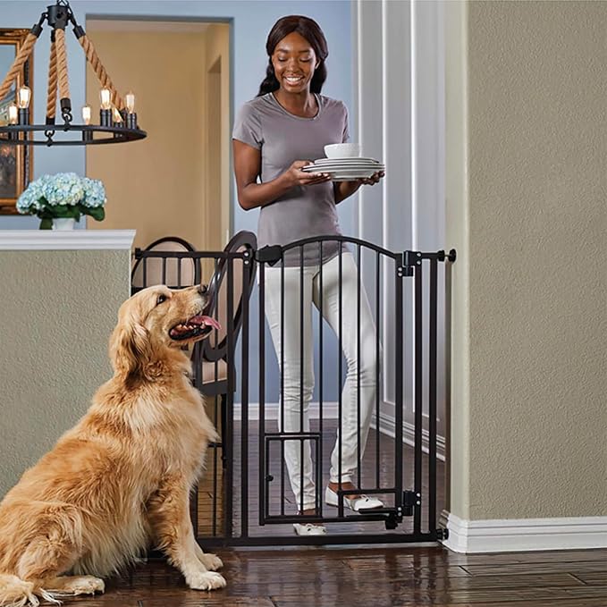 Carlson 38.5" Extra Tall Dog Gate for Doorways & Bottom of Stairs, Hands Free Walk-Through Pet Gate Indoor with Small Pet Door, Fits 29”–43.5”, Black