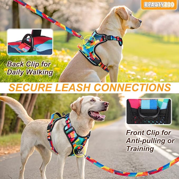 BEAUTYZOO No Pull Dog Harness Medium,Adjustable Dog Harness and Leash Set -Easy Wearing with 3 Buckles/Control Handle,No Choke Soft Padded Reflective Pet Vest for Training Walking Hiking, M