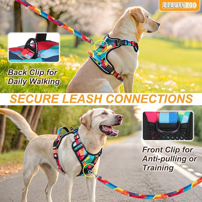 BEAUTYZOO No Pull Dog Harness Large, Adjustable Dog Harness and Leash Set -Easy Wearing with 3 Buckles/Control Handle,No Choke Soft Padded Reflective Pet Vest for Training Walking Hiking, XL