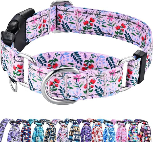 Reflective Martingale Collar with Quick Release Buckle Anti Pulling Girl Female Dog Collars (Pink Flowers Plants, XSmall)