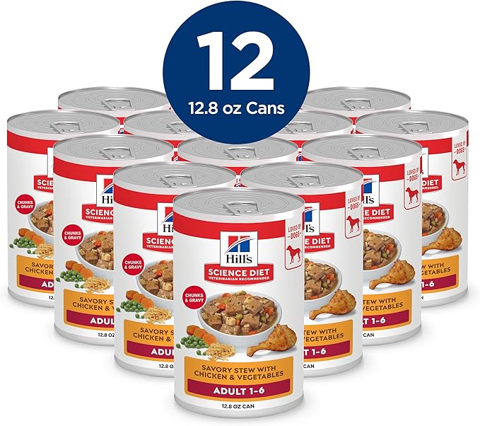 Hill's Science Diet Adult 1-6, Adult 1-6 Premium Nutrition, Wet Dog Food, Chicken & Vegetables Stew, 12.8 oz Can, Case of 12