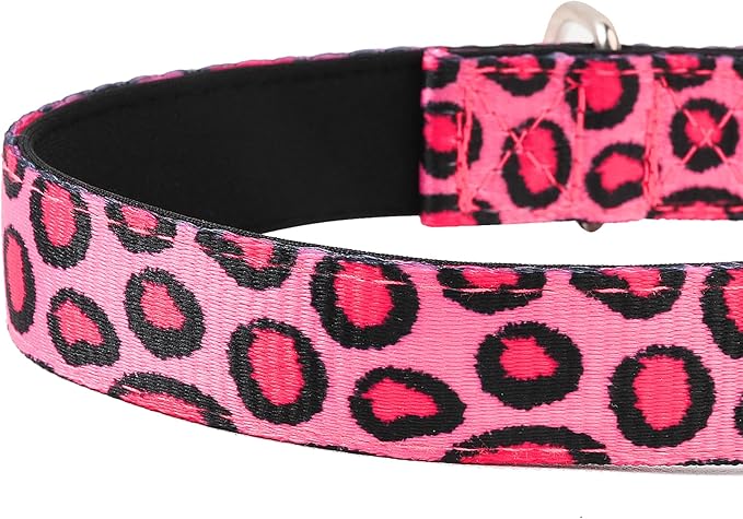 Reflective Dog Collar, Adjustable Soft Neoprene Padded Nylon Pet Collars with Buckle for Puppy and Small Dogs, Cats, Leopard Pink,S