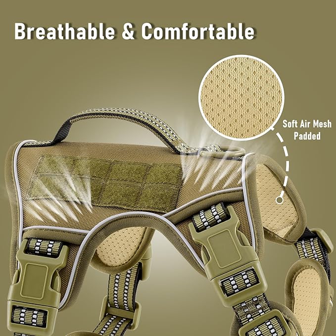 Adjustable No-Pull Tactical Dog Vest Harness for Big Dog Breeds, Siberian Husky Labrador Golden Retriever, Reflective Breathable Oxford Material, Front Leash Clip Control, Army Green, L