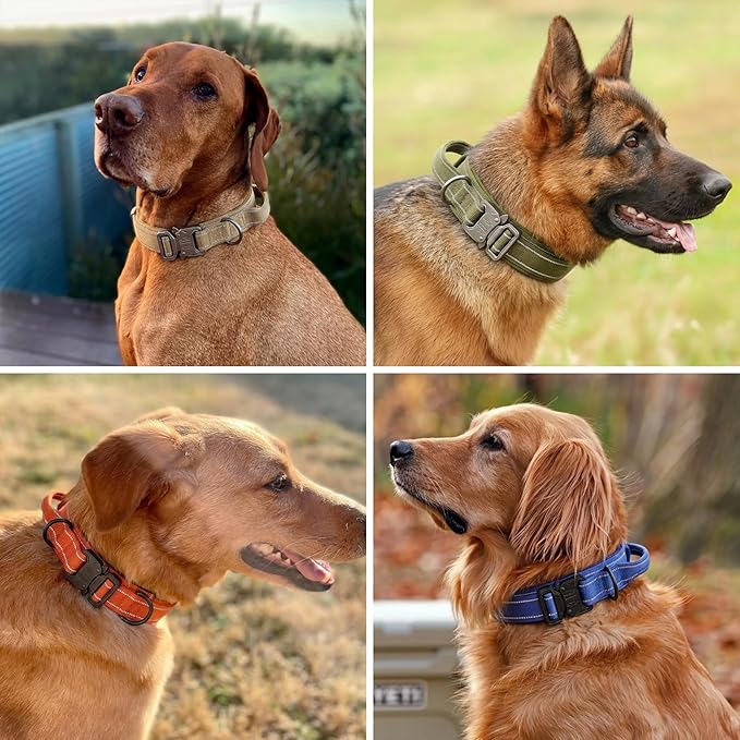 KCUCOP Tactical Dog Collar for Medium & Large Dogs - Military Nylon Heavy Duty Collar with Handle, Reflective Strip & Metal Buckle for Training, Outdoor (Reflective Dark Blue, Medium)