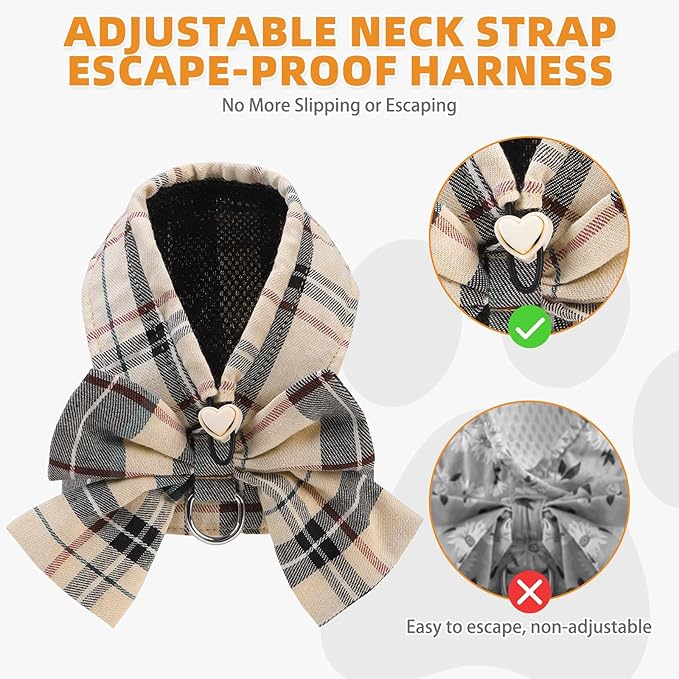 KOOLTAIL Cute Cat Harness and Leash Set with Bowtie, Small Dog Vest Harnesses, Step in No Pull Soft Mesh Padded Adjustable Plaid Pet Harness for Extra-Samll Medium Puppy Kitten, Boy Girl, Beige XS