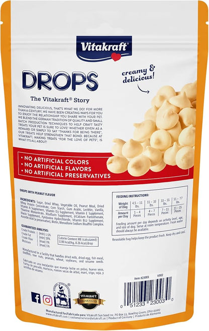 Vitakraft Drops Dog Treats - Peanut Flavor – Grain-Free Training Treats - Real Yogurt & Whey, Added Vitamins A, D3, E, B12, Riboflavin & Niacin – For All Dog Sizes & Ages – Resealable 8.8 oz Bag