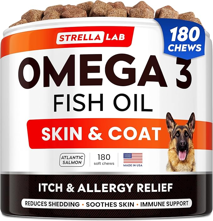StrellaLab Omega 3 for Dogs - (180Ct) Fish Oil Treats - Allergy & Itch Relief Skin&Coat Supplement - Dry Itchy Skin, Shedding, Hot Spots Treatment, Anti Itch - Pet Salmon Oil Chews - Atlantic Salmon