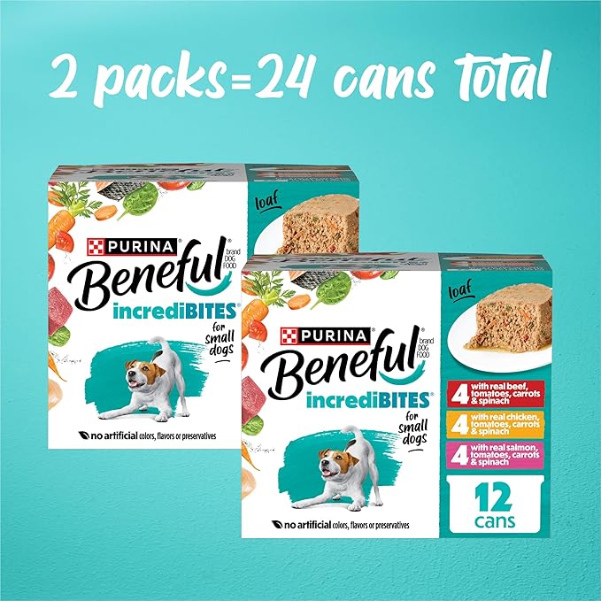 Purina Beneful Small Breed Wet Dog Food Variety Pack, IncrediBites Loaf, Chicken, Beef and Salmon Flavors - (2 Packs of 12) 3 oz. Cans