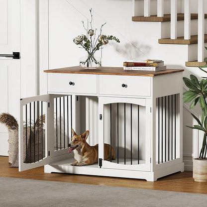 Dog Crate Furniture, Wooden Dog Kennel Furniture, Heavy-Duty 40" Dog Crate End Table with Storage Drawers, Double Doors Decorative Pet Cage House Indoor for Small Medium Dog, White