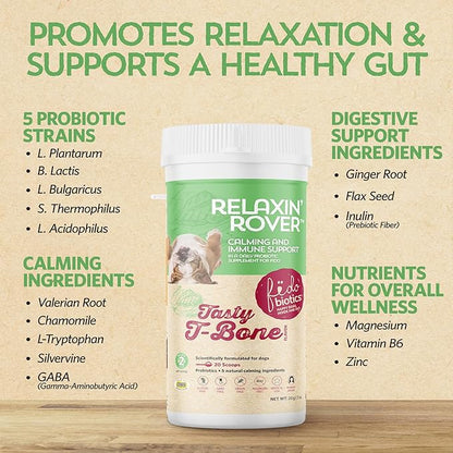 Fidobiotics Relaxin’ Rover Calming Supplement, Probiotics for Dogs with Valerian, Chamomile & GABA for Stress & Anxiety Relief, Tasty T-Bone Flavor 20 Servings