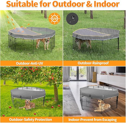 PJYuCien Dog Playpen Mesh Top Cover,Fits 24 Inch 8 Panels Metal Exercise Pet Pen, Elastic Buckles Connections, Grey(Note: Only Cover, Fence Not Included)