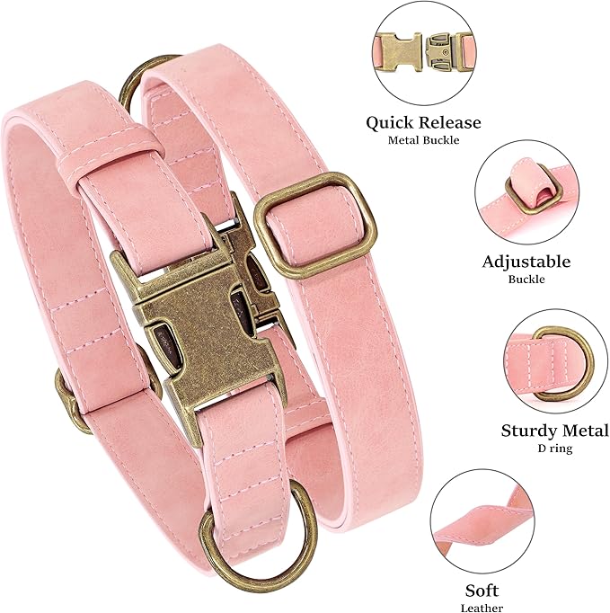 Didog Soft PU Leather Dog Collar, Stylish Quick Released Dog Collars for Large Dogs, Easy Clean Adjustable Pet Collar for Daily Walking, Pink, XL Fit 20-26" Neck