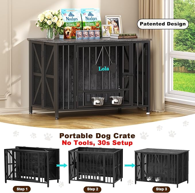 Easycom Foldable Large Dog Crate Furniture, 41.3" Assembly-Free Dog Crates for Large Dogs, Decorative Wooden Dog Kennel Indoor with Tag & Dog Bowls, Dog Cage Use as TV Stand, Dark Grey