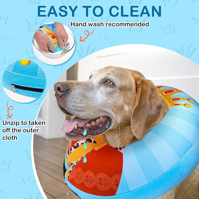 SCENEREAL Dog Cone Alternative After Surgery Donut Collar, Soft Pet Recovery Pillow Collar for Medium Large Dogs, Inflatable Adjustable Neck Collars to Prevent Licking, King Print E-Collars M