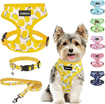 SCENEREAL Small Dog Harness and Leash Collar Set - No Pull Dog Harness for Small & Medium Sized Dogs - Soft Mesh Vest for Puppies, Chihuahua, Yorkie, Spring Summer Hiking Walking, Yellow Lemon XS