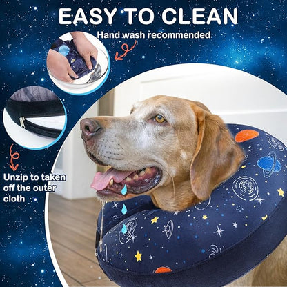SCENEREAL Dog Cone Alternative After Surgery Donut Collar, Soft Pet Recovery Pillow Collar for Medium Large Dogs, Inflatable Adjustable Neck Collars to Prevent Licking, Planet Print E-Collars XL