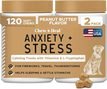 Calming Chews for Dogs - 120 Anxiety Relief Treats for Fireworks, Thunder, and Storms - Peanut Butter Flavor - Natural Dog Calming Treats with Thiamine, L-Tryptophan, Ginger, and Melatonin