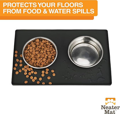 Neater Pet Brands Neater Mat Cat & Dog Food Mat, Waterproof & BPA-Free Silicone Placemat with Raised Edge for Under Food and Water Bowls, 16" x 10", Midnight Black