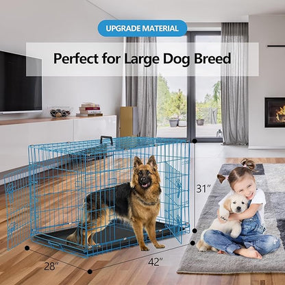 Dog Crate, 24/30/36/42/48 Inch Dog Crates for Small Medium Large Dogs Indoor, Folding Metal Dog Kennel Dog Cage with Double-Door, Divider Panel, Removable Tray, Locks and Handle, (42 Inch, Blue)