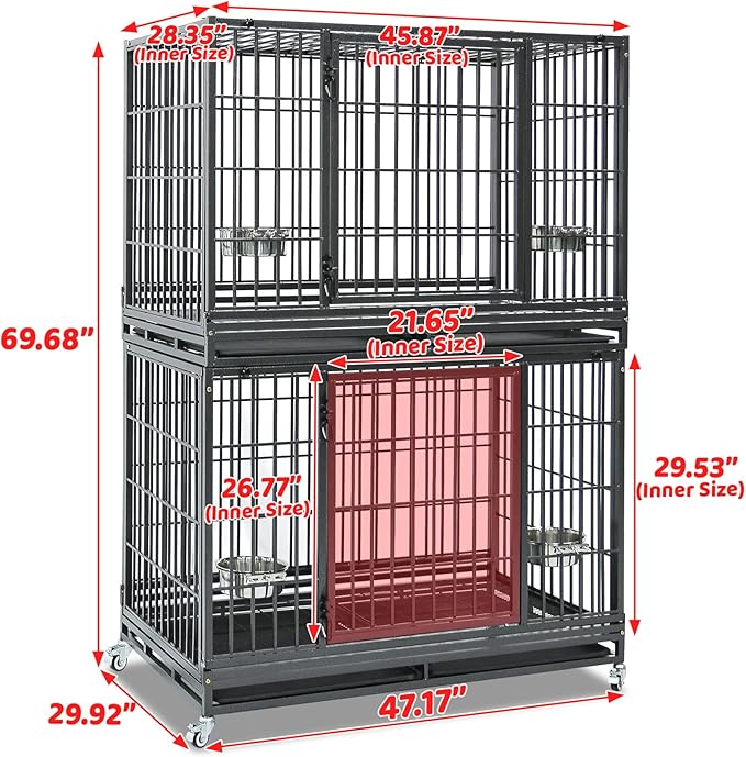 Homey Pet Two Tiers 47 Inch Heavy Duty Indestructible Dog Crate, Stackable Escape Proof Dog Cage Kennel Indoor with Two Removable Trays, Metal Grids, Wheels, Bowls, Double Doors for Large Dogs(6 Pack)