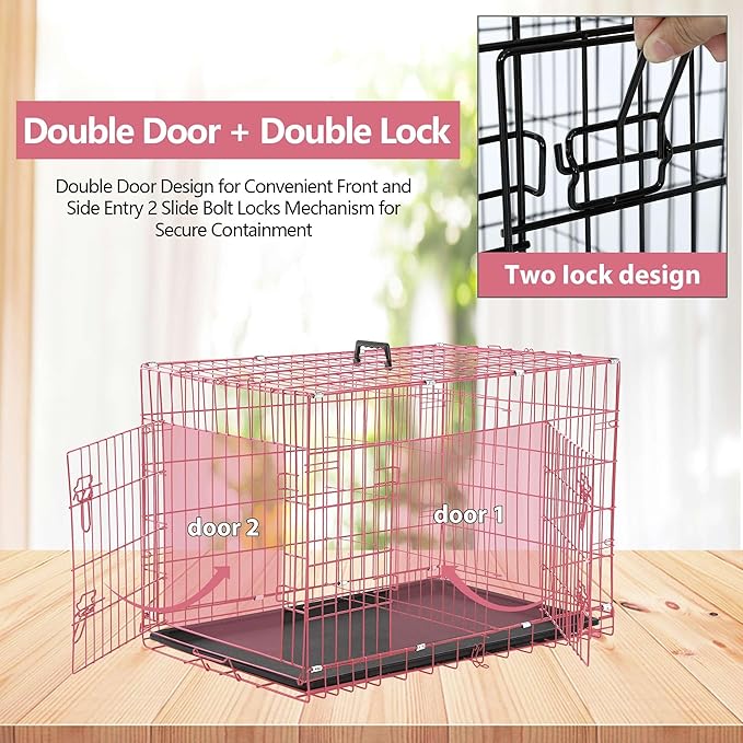 Dog Crate, 24/30/36/42/48 Inch Dog Crates for Small Medium Large Dogs Indoor, Folding Metal Dog Kennel Dog Cage with Double-Door, Divider Panel, Removable Tray, Locks and Handle, (24 Inch, Pink)