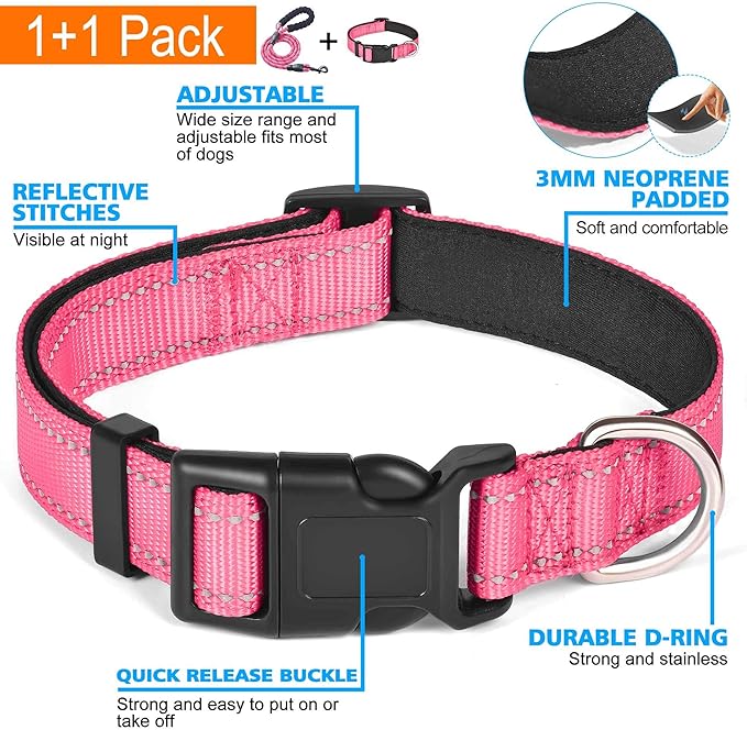 Ladoogo Reflective Dog Collar Padded with Soft Neoprene Breathable Adjustable Nylon Dog Collars for Small Medium Large Dogs (X-Small (Pack of 1), Pink Collar+Leash)