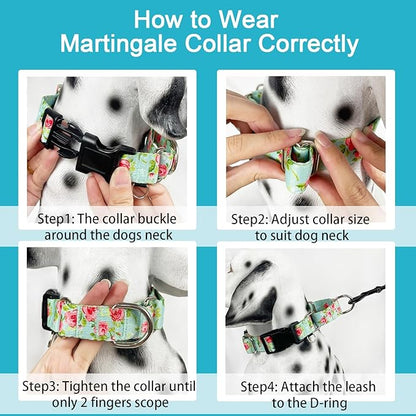 Martingale Collar for Dogs with Buckle Pink Floral Dog Collar No Pull Cute Girl Female Dog Collars for Extra Small Dogs, Green Rose