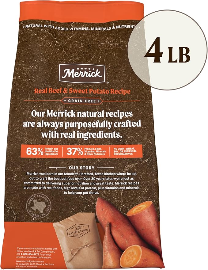 Merrick Premium Grain Free Dry Adult Dog Food, Wholesome and Natural Kibble, Real Beef and Sweet Potato - 4.0 lb. Bag