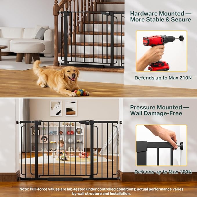 Cumbor 36.6-64" Extra Wide Baby Gate for Stairs, Dog Gates for Doorways, Auto-Close Pet Gate Indoor, Pressure Mounted Walk Through Safety Child Gate for Kids Toddler, Tall Pet Puppy Fence Gate, Black