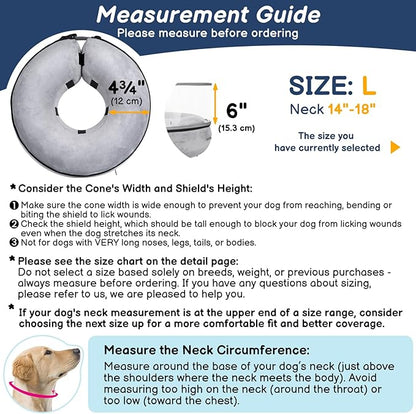 BARKLESS Inflatable Dog Cone, Protective Dog Surgery Collar to Stop Licking Biting Wounds, Patented Soft Donut Cone with Clear Shield, Adjustable Blow-up Collar for Surgery Recovery (Grey, L)