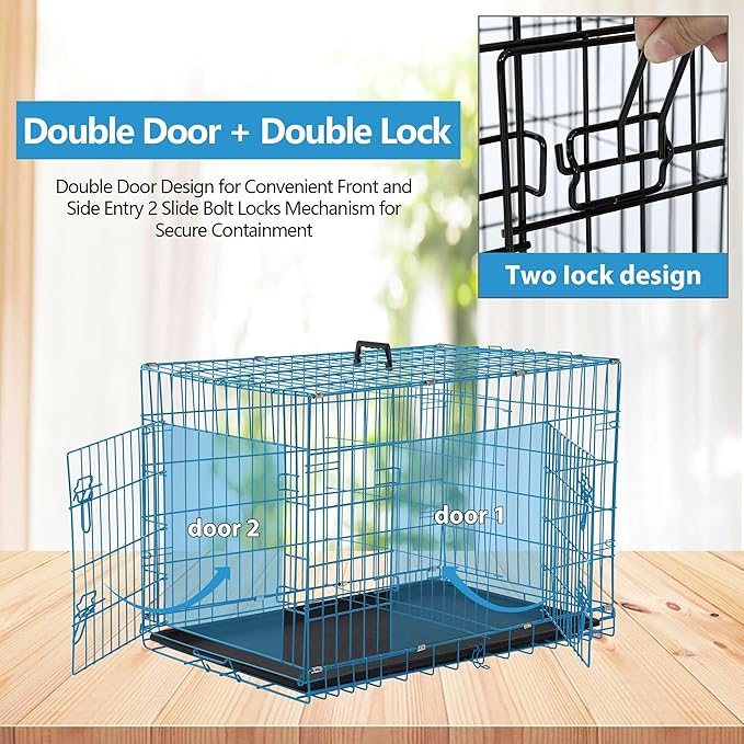 Dog Crate, 24/30/36/42/48 Inch Dog Crates for Small Medium Large Dogs Indoor, Folding Metal Dog Kennel Dog Cage with Double-Door, Divider Panel, Removable Tray, Locks and Handle, (48 Inch, Blue)