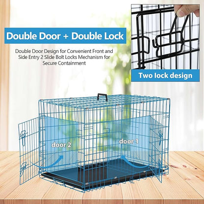 Dog Crate, 24/30/36/42/48 Inch Dog Crates for Small Medium Large Dogs Indoor, Folding Metal Dog Kennel Dog Cage with Double-Door, Divider Panel, Removable Tray, Locks and Handle, (48 Inch, Blue)