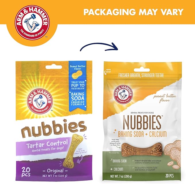Arm & Hammer for Pets Nubbies Dental Treats - Baking Soda & Calcium Dog Dental Chews, Nubbed Texture Helps Scrub Plaque & Tartar While Chewing, Peanut Butter Flavor, 20 Count, 7 Ounce