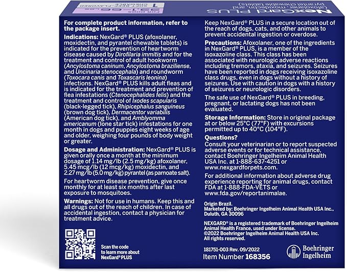 NexGard Plus (afoxolaner, moxidectin, and pyrantel) Flea and Tick Protection & Heartworm Preventive for Dogs Soft Beef Flavored Chewables, 33.1-66 lbs. (Purple) 1 Chew (1 Month Supply)